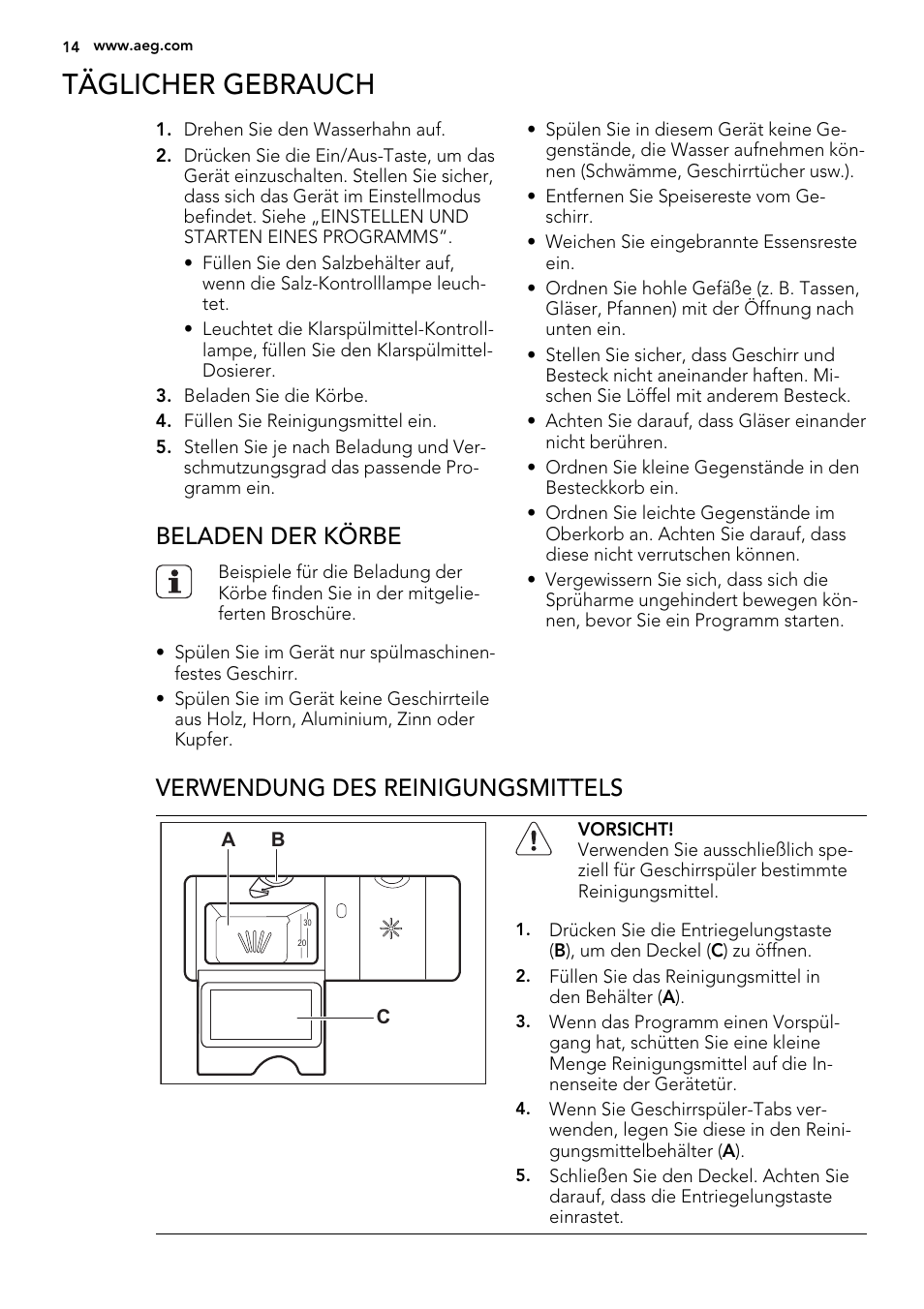 Täglicher gebrauch, Beladen der körbe, Verwendung des reinigungsmittels | AEG ELECTROLUX GS 60 BF 221 User Manual | Page 14 / 88