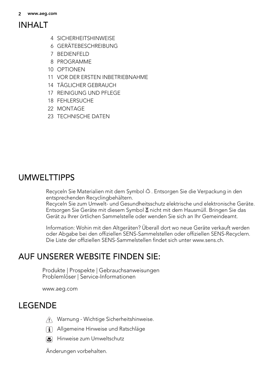 Inhalt, Umwelttipps, Auf unserer website finden sie | Legende | AEG ELECTROLUX GS 60 BF 221 User Manual | Page 2 / 88