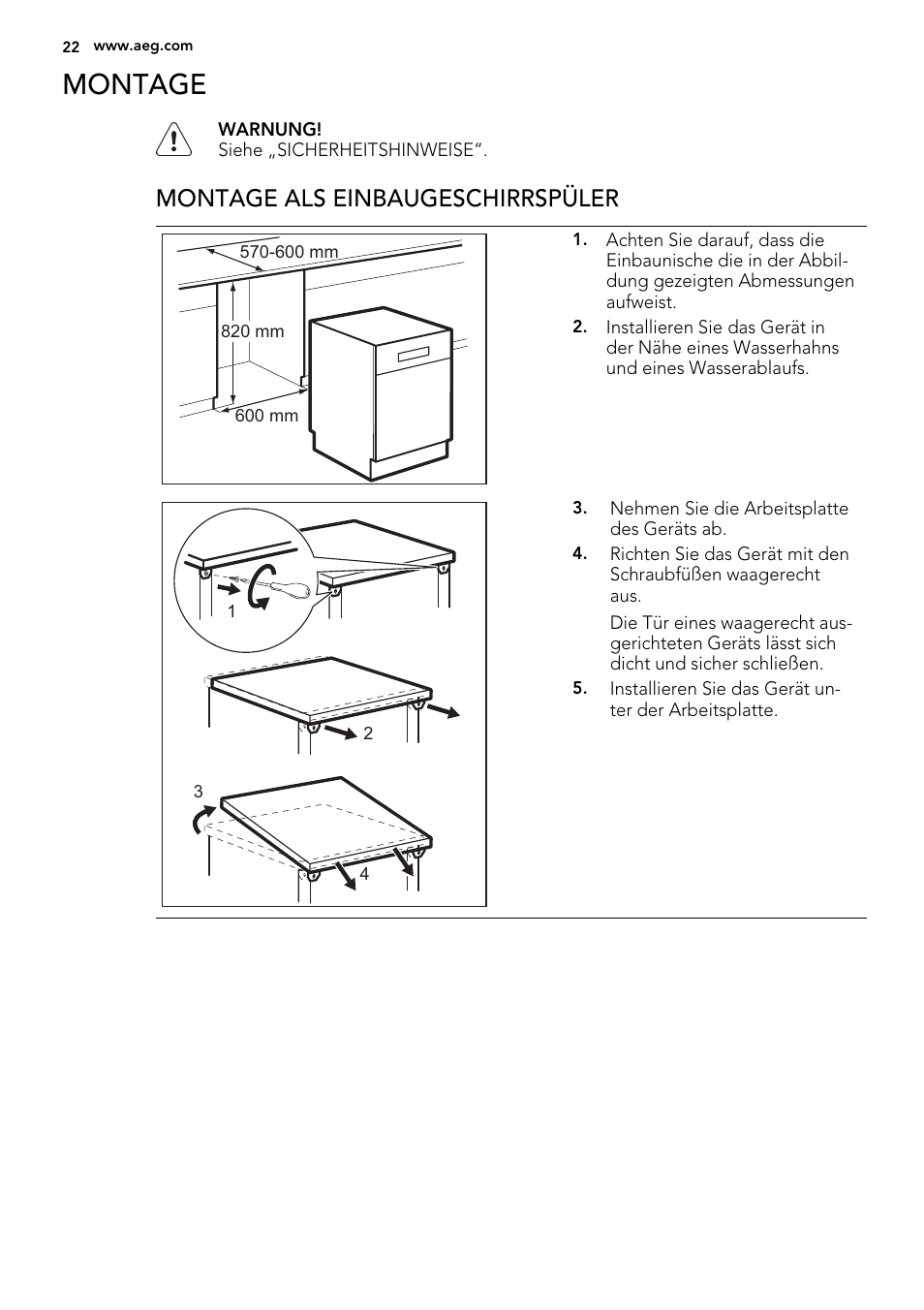 Montage, Montage als einbaugeschirrspüler | AEG ELECTROLUX GS 60 BF 221 User Manual | Page 22 / 88