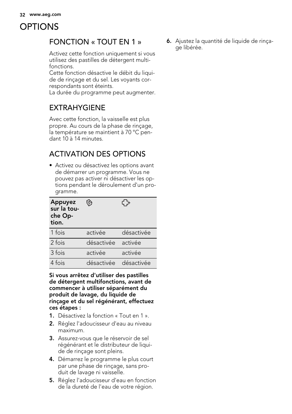 Options, Fonction « tout en 1, Extrahygiene | Activation des options | AEG ELECTROLUX GS 60 BF 221 User Manual | Page 32 / 88