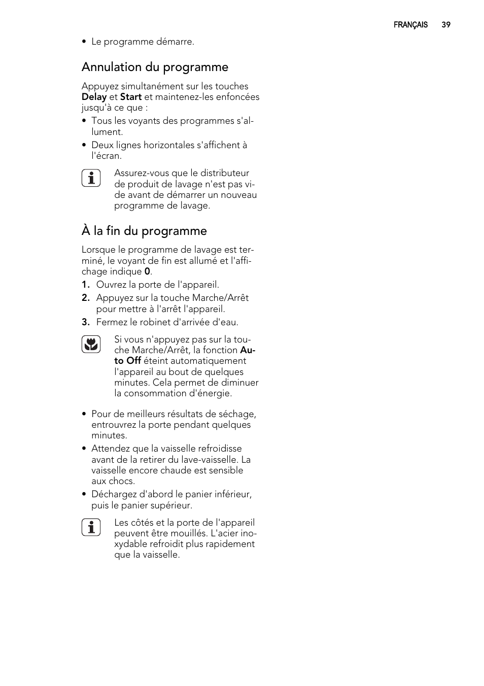 Annulation du programme, À la fin du programme | AEG ELECTROLUX GS 60 BF 221 User Manual | Page 39 / 88