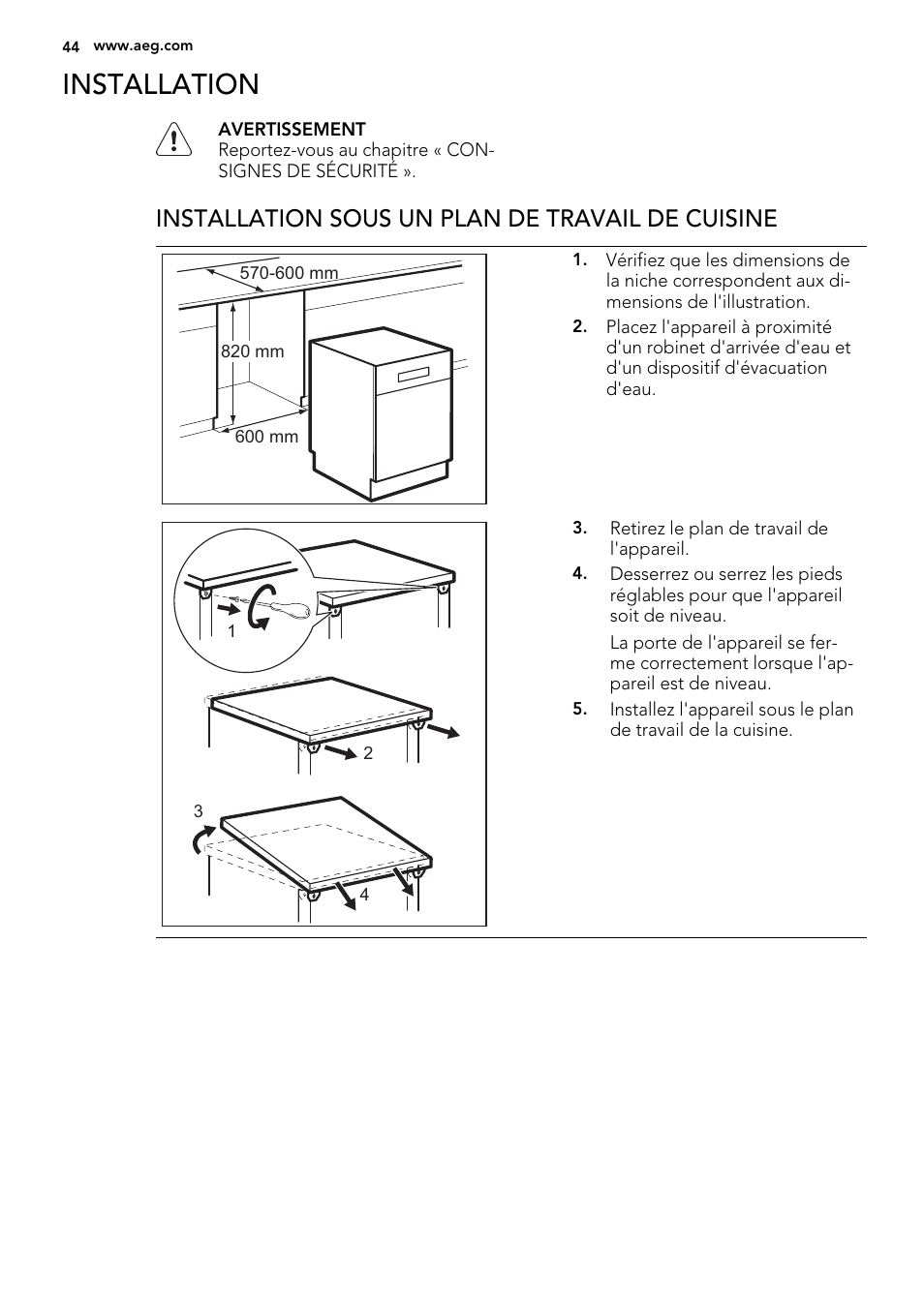 Installation, Installation sous un plan de travail de cuisine | AEG ELECTROLUX GS 60 BF 221 User Manual | Page 44 / 88