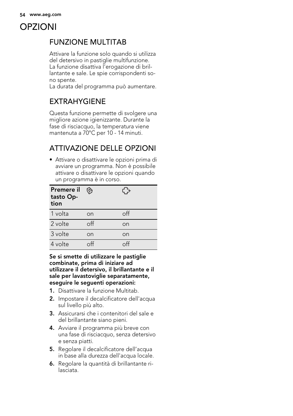 Opzioni, Funzione multitab, Extrahygiene | Attivazione delle opzioni | AEG ELECTROLUX GS 60 BF 221 User Manual | Page 54 / 88