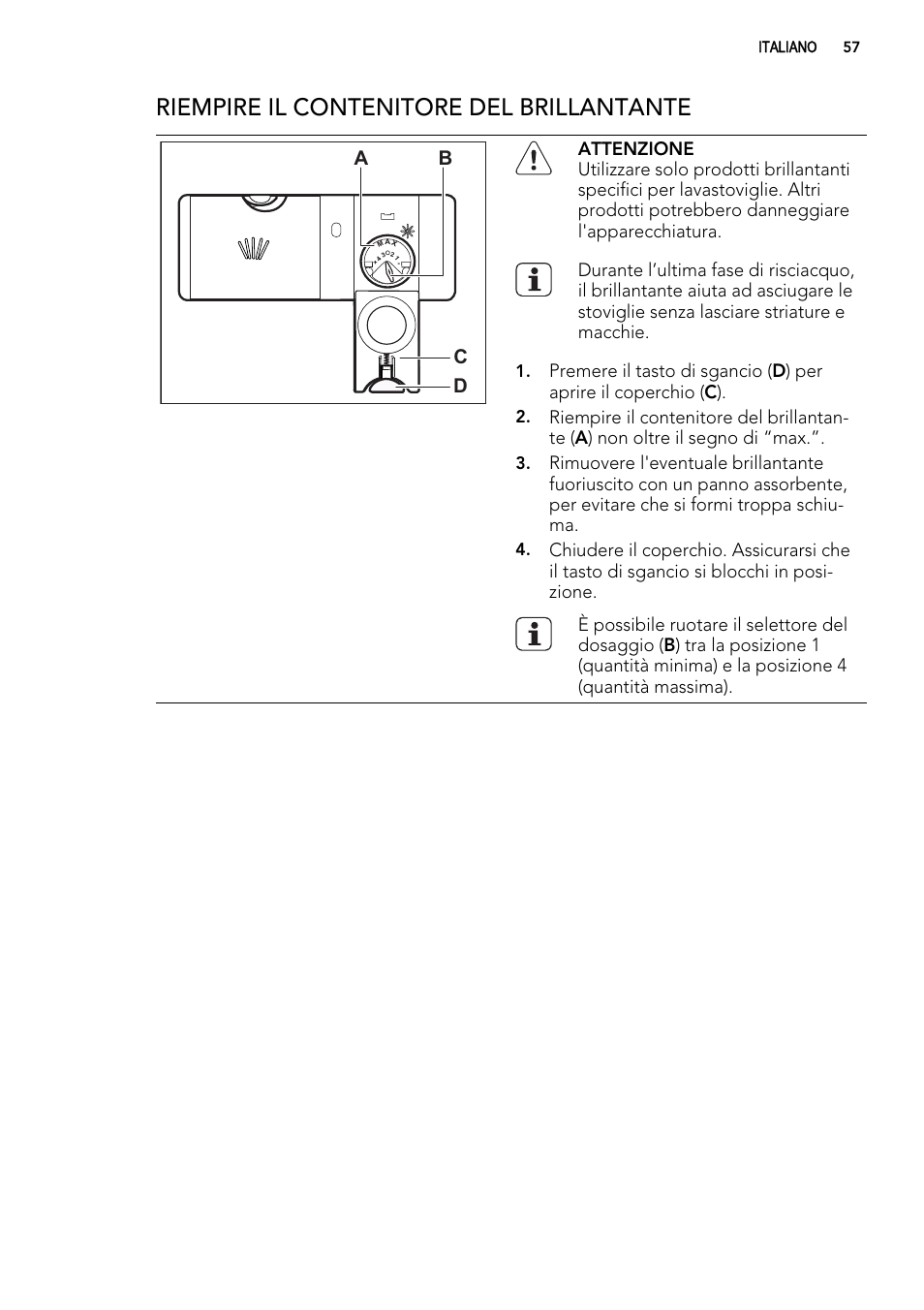 Riempire il contenitore del brillantante, Ab d c | AEG ELECTROLUX GS 60 BF 221 User Manual | Page 57 / 88