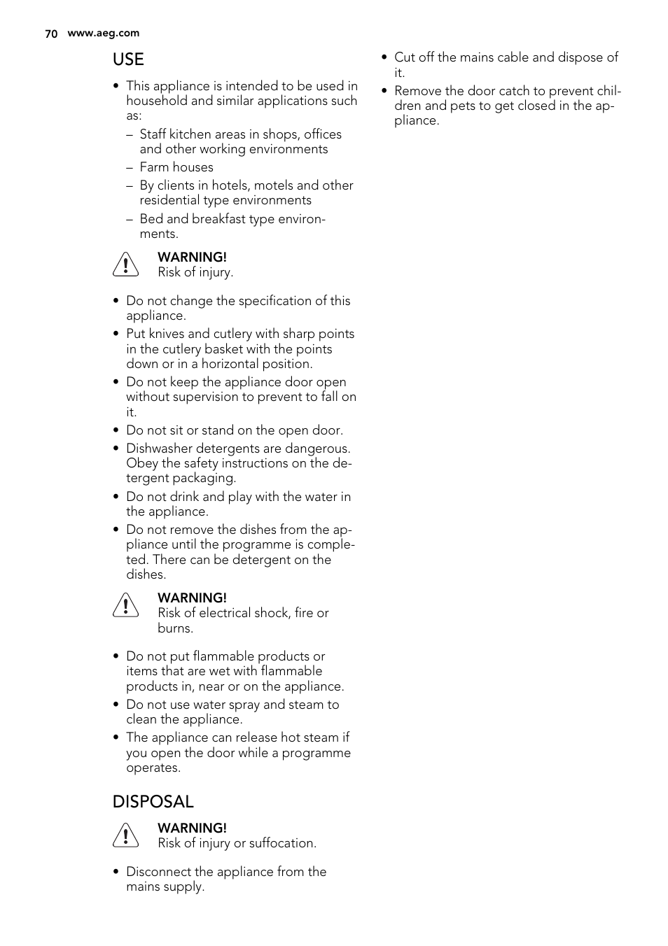 Disposal | AEG ELECTROLUX GS 60 BF 221 User Manual | Page 70 / 88