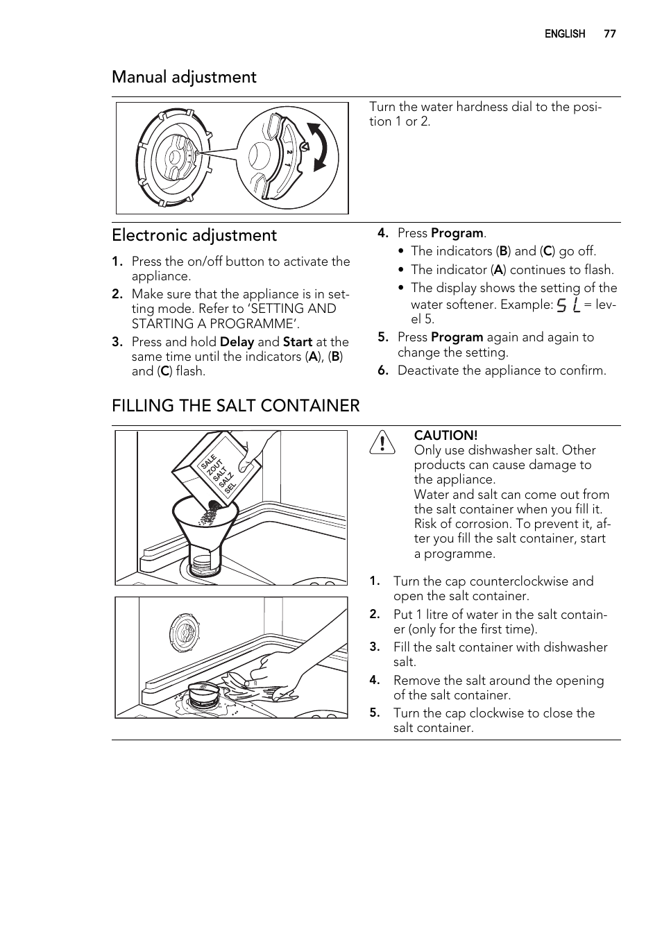 Manual adjustment, Electronic adjustment, Filling the salt container | AEG ELECTROLUX GS 60 BF 221 User Manual | Page 77 / 88