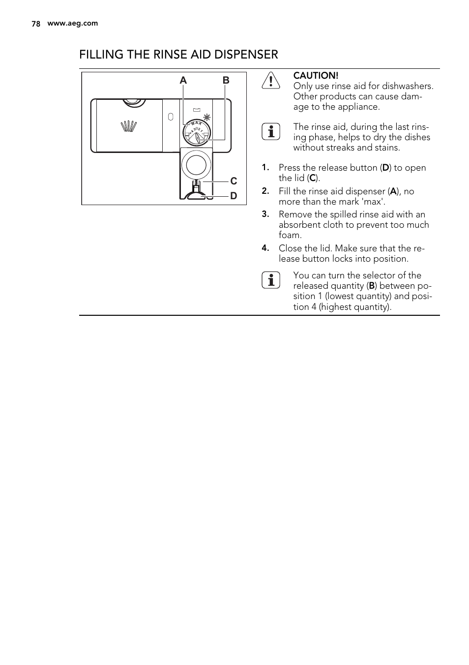 Filling the rinse aid dispenser, Ab d c | AEG ELECTROLUX GS 60 BF 221 User Manual | Page 78 / 88