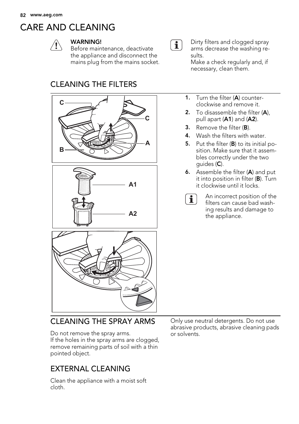 Care and cleaning, Cleaning the filters, Cleaning the spray arms | External cleaning | AEG ELECTROLUX GS 60 BF 221 User Manual | Page 82 / 88