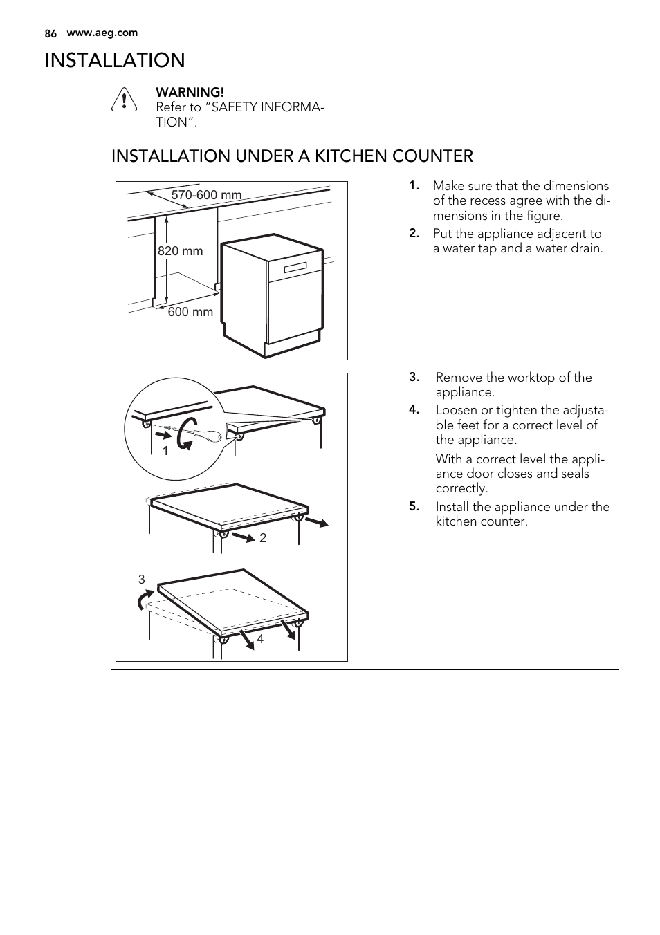 Installation, Installation under a kitchen counter | AEG ELECTROLUX GS 60 BF 221 User Manual | Page 86 / 88