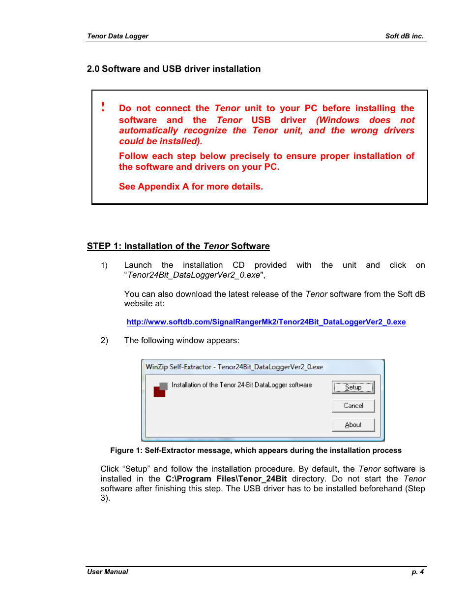 Software and usb driver installation | Soft dB Tenor 24bits Data User Guide User Manual | Page 4 / 59