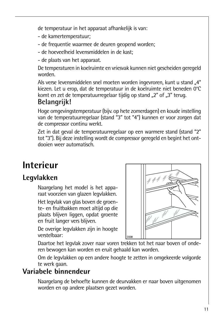 Interieur, Legvlakken, Variabele binnendeur | Belangrijk | AEG ELECTROLUX S 70250 KA 8 User Manual | Page 11 / 36