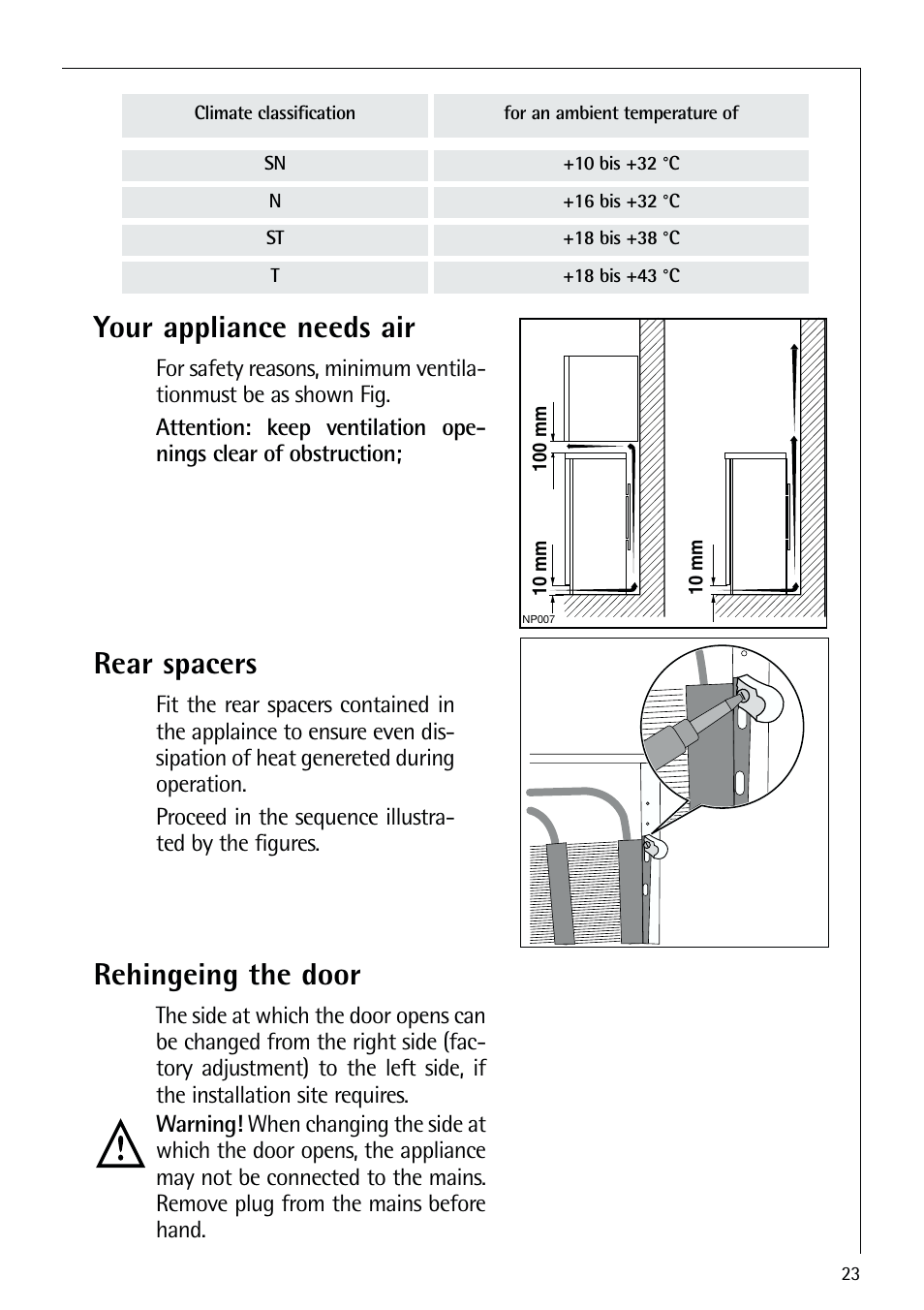 Your appliance needs air, Rear spacers, Rehingeing the door | AEG ELECTROLUX S 70250 KA 8 User Manual | Page 23 / 36