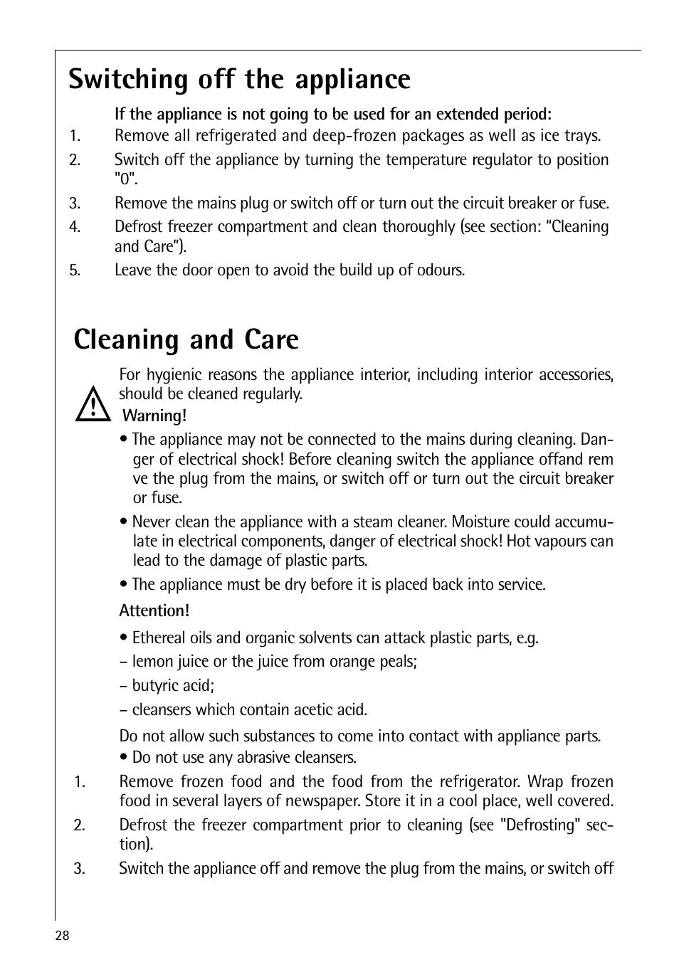 Switching off the appliance, Cleaning and care | AEG ELECTROLUX S 70250 KA 8 User Manual | Page 28 / 36