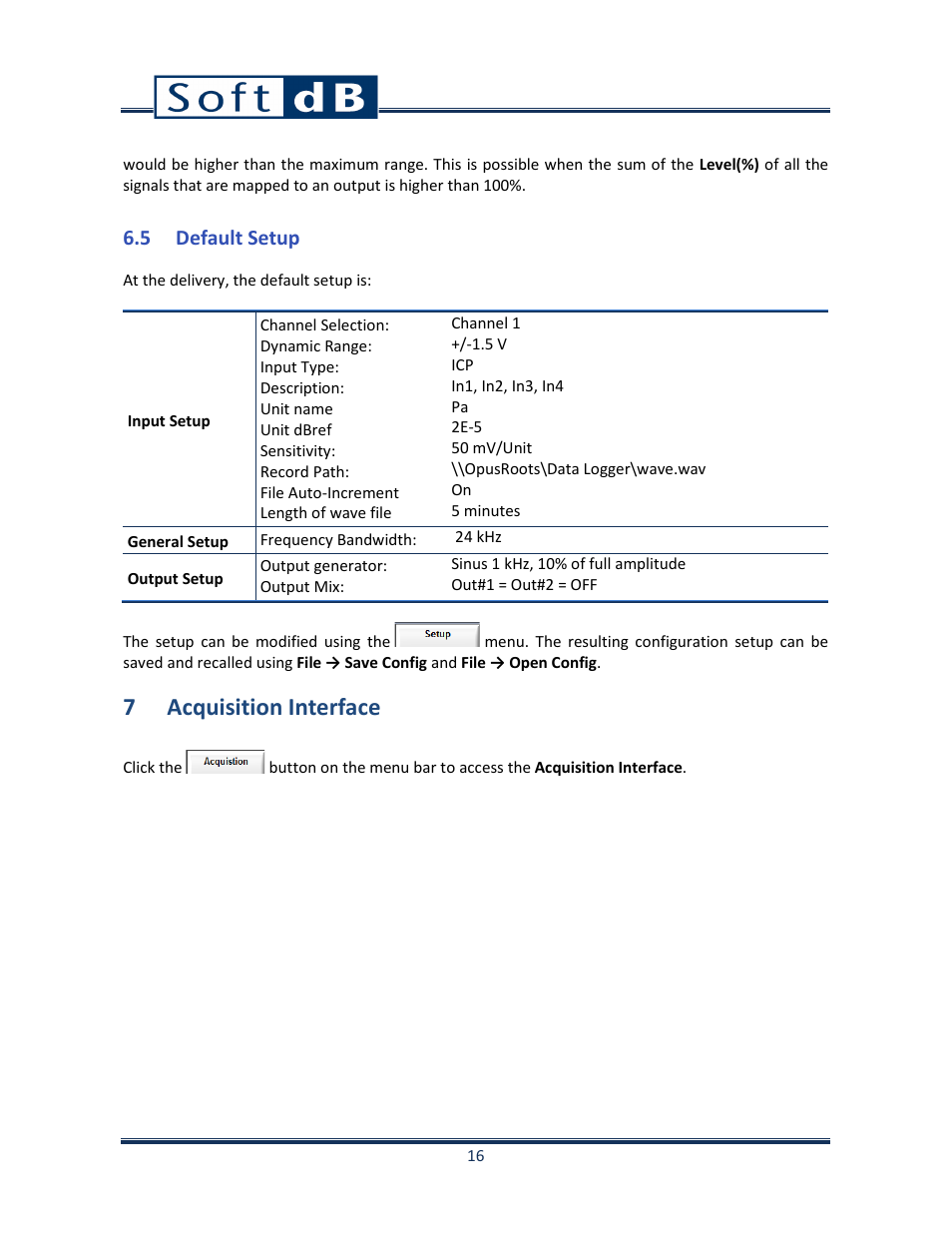 5 default setup, 7 acquisition interface | Soft dB Opus Suite Data Logger Module User Manual | Page 17 / 62