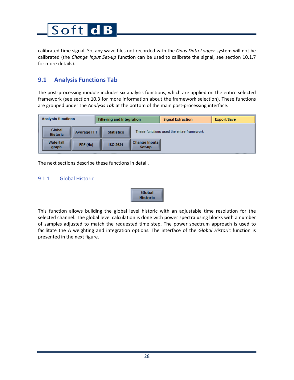 1 analysis functions tab, 1 global historic | Soft dB Opus Suite Data Logger Module User Manual | Page 29 / 62