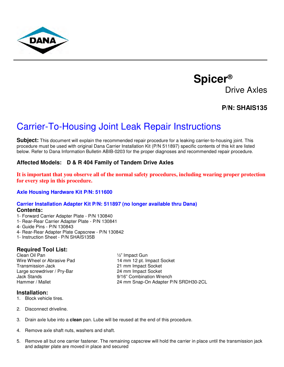 Spicer Carrier-To-Housing Joint Leak User Manual | 6 pages
