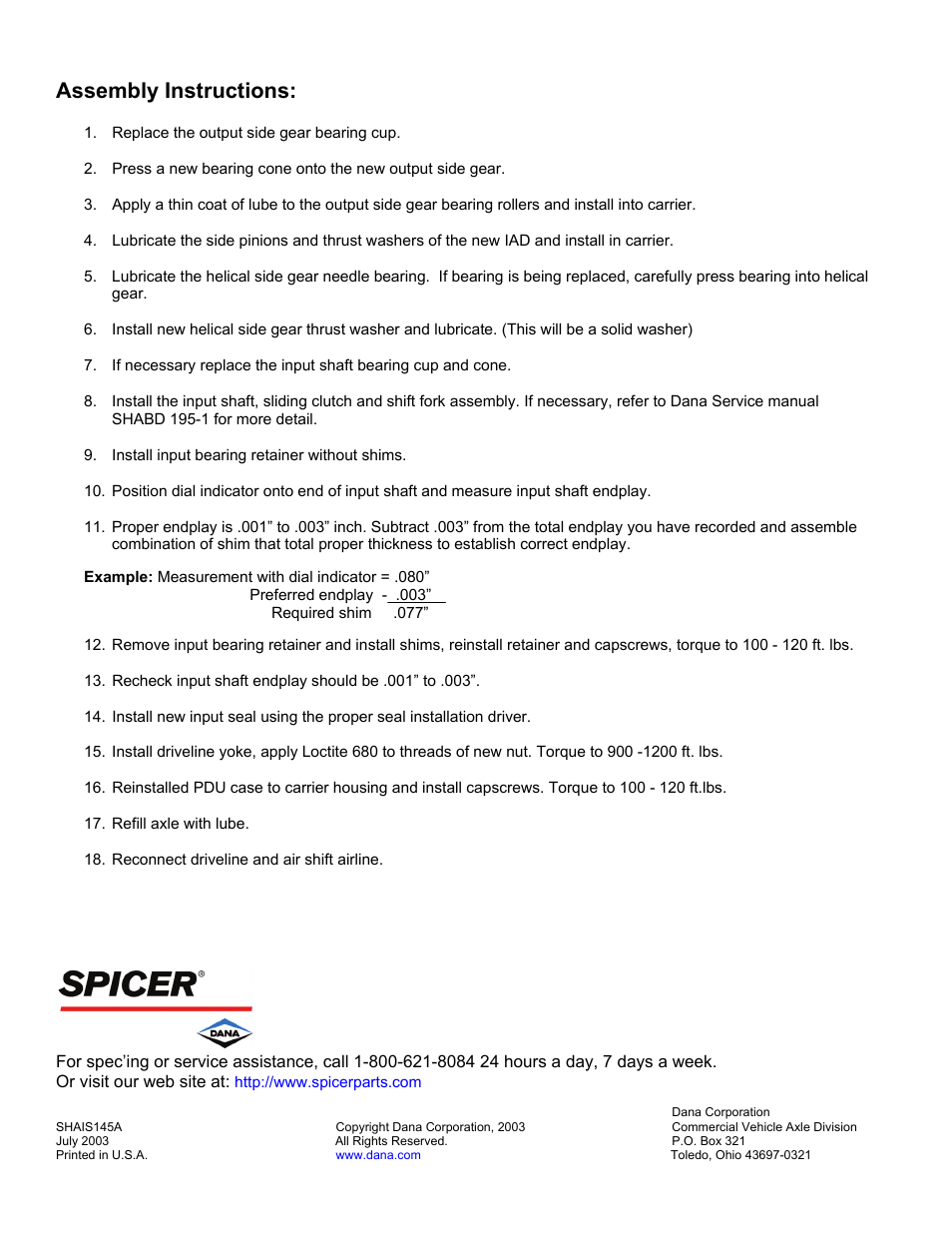 Assembly instructions | Spicer S400 Helical Gear Retrofit Kit Installation User Manual | Page 2 / 2