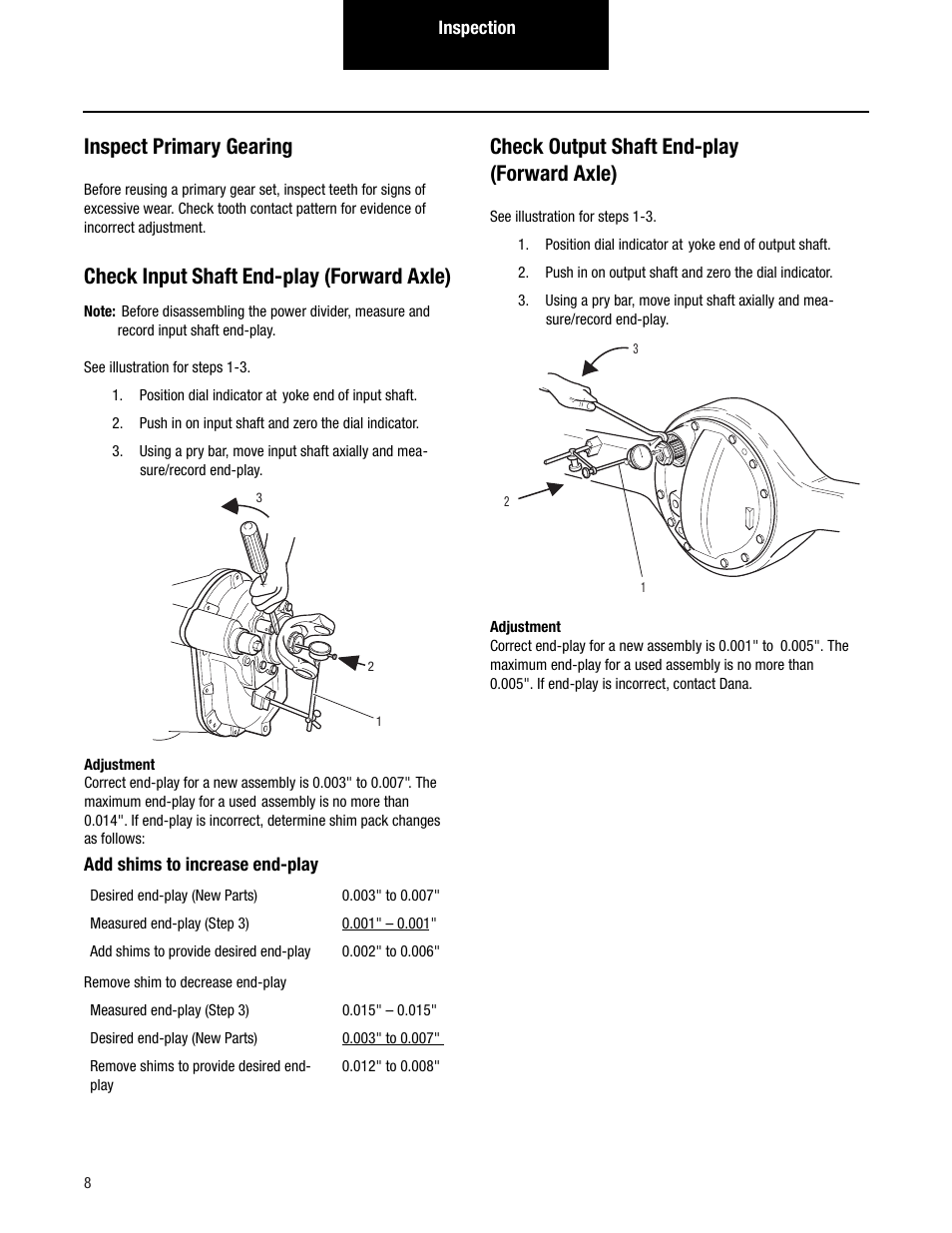 Inspect primary gearing, Check input shaft end-play (forward axle), Check output shaft end-play (forward axle) | Spicer Tandem Drive Axles Pro-40 Single Reduction and Single Reduction with Differential Lock User Manual | Page 11 / 102