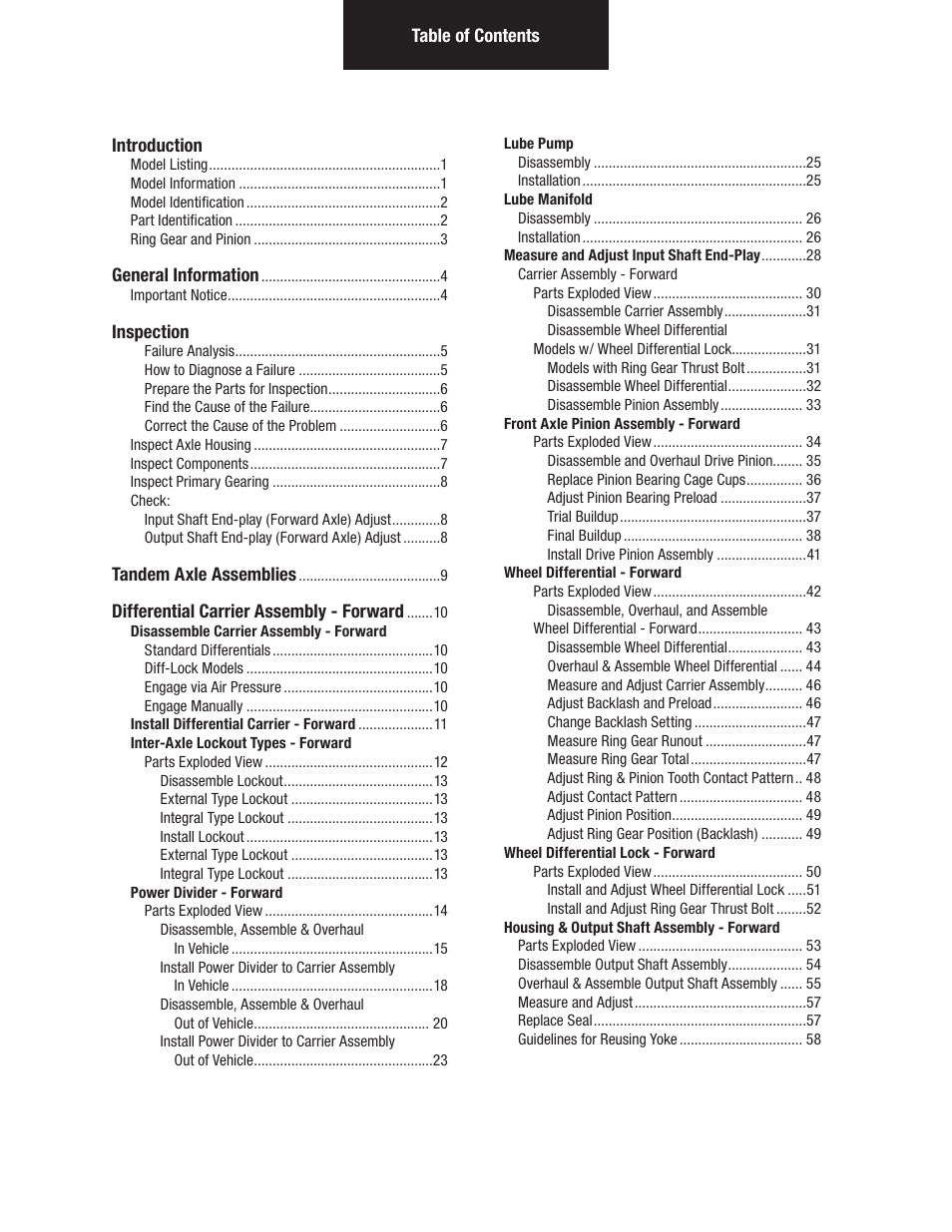 Spicer Tandem Drive Axles Pro-40 Single Reduction and Single Reduction with Differential Lock User Manual | Page 2 / 102