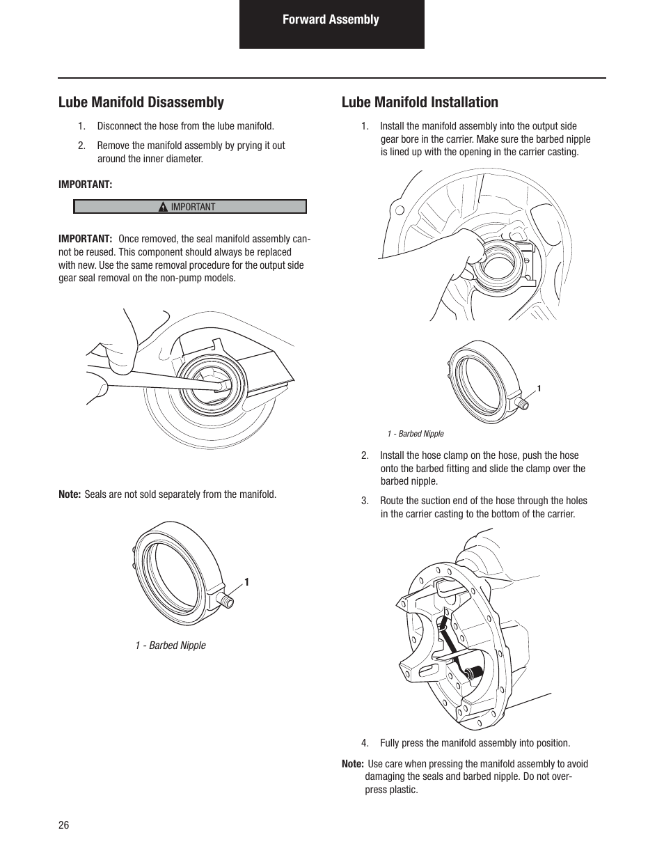 Lube manifold disassembly, Lube manifold installation | Spicer Tandem Drive Axles Pro-40 Single Reduction and Single Reduction with Differential Lock User Manual | Page 29 / 102