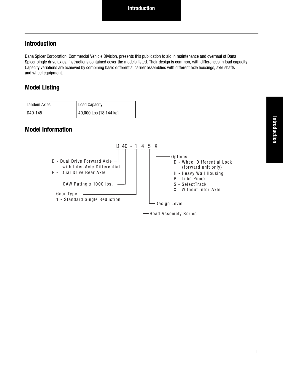 Introduction, Model listing model information | Spicer Tandem Drive Axles Pro-40 Single Reduction and Single Reduction with Differential Lock User Manual | Page 4 / 102