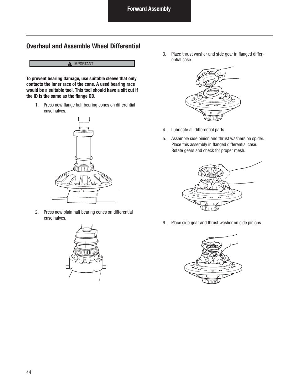 Overhaul and assemble wheel differential | Spicer Tandem Drive Axles Pro-40 Single Reduction and Single Reduction with Differential Lock User Manual | Page 47 / 102