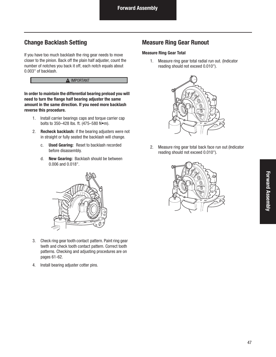 Change backlash setting, Measure ring gear runout | Spicer Tandem Drive Axles Pro-40 Single Reduction and Single Reduction with Differential Lock User Manual | Page 50 / 102