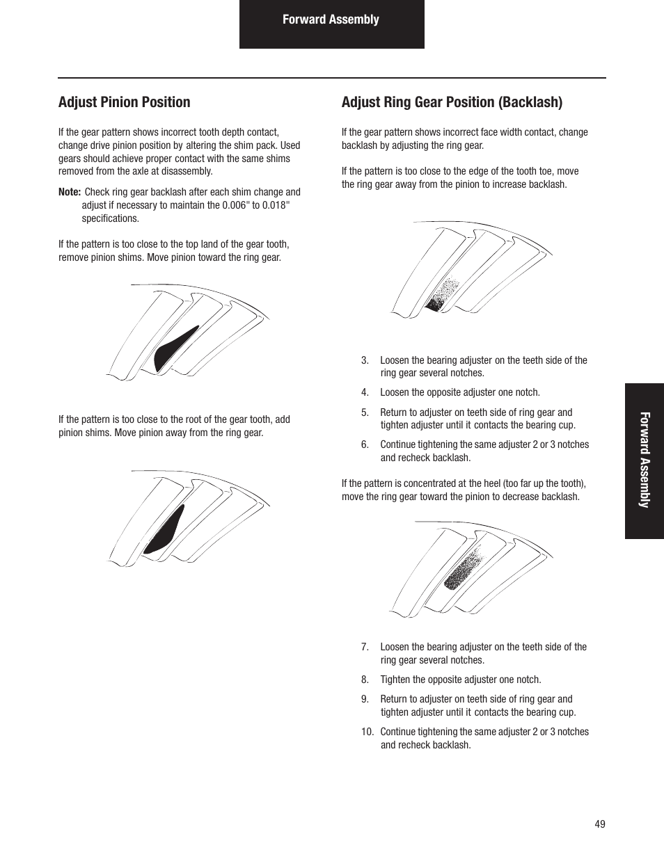 Adjust pinion position, Adjust ring gear position (backlash) | Spicer Tandem Drive Axles Pro-40 Single Reduction and Single Reduction with Differential Lock User Manual | Page 52 / 102