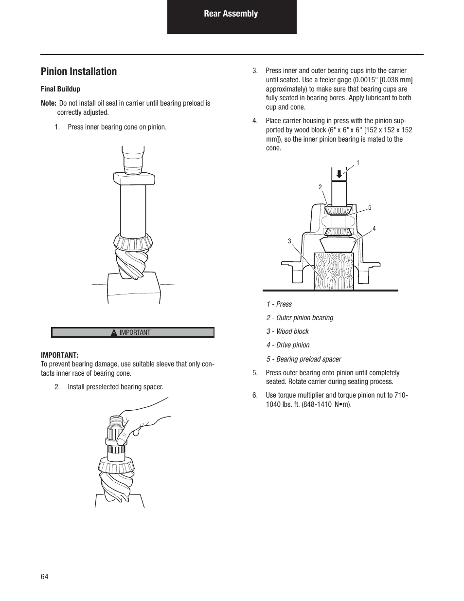 Pinion installation | Spicer Tandem Drive Axles Pro-40 Single Reduction and Single Reduction with Differential Lock User Manual | Page 67 / 102