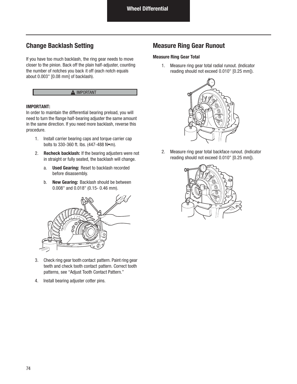 Change backlash setting, Measure ring gear runout | Spicer Tandem Drive Axles Pro-40 Single Reduction and Single Reduction with Differential Lock User Manual | Page 77 / 102