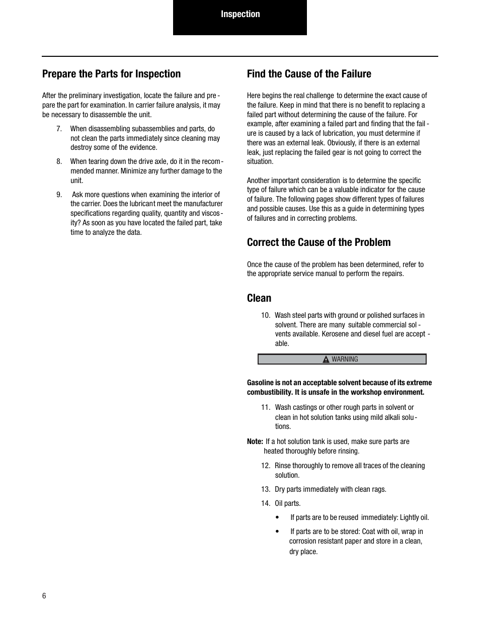 Prepare the parts for inspection, Find the cause of the failure, Correct the cause of the problem | Clean | Spicer Tandem Drive Axles Pro-40 Single Reduction and Single Reduction with Differential Lock User Manual | Page 9 / 102