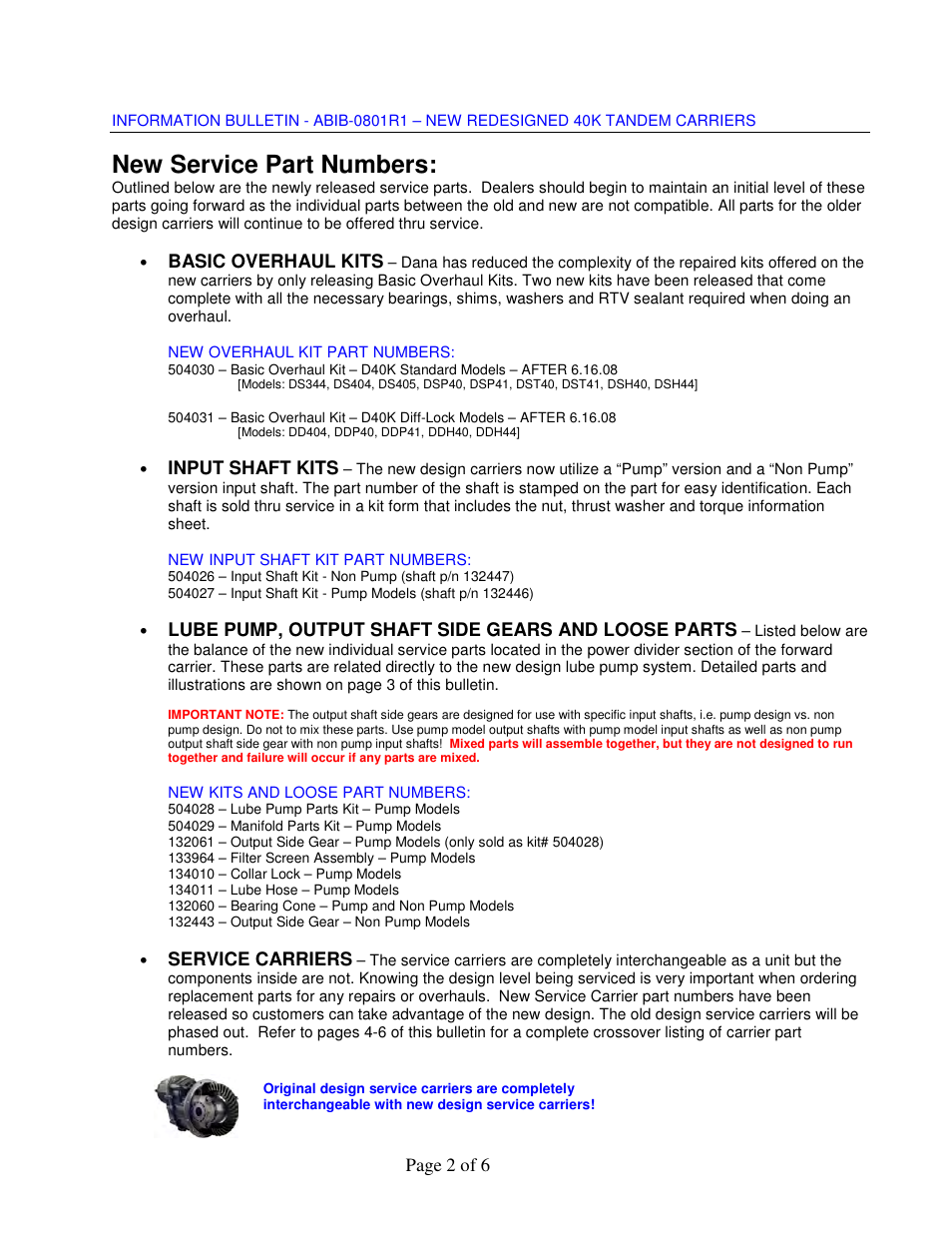 New service part numbers | Spicer NEW REDESIGNED 40K TANDEM CARRIERS User Manual | Page 2 / 6