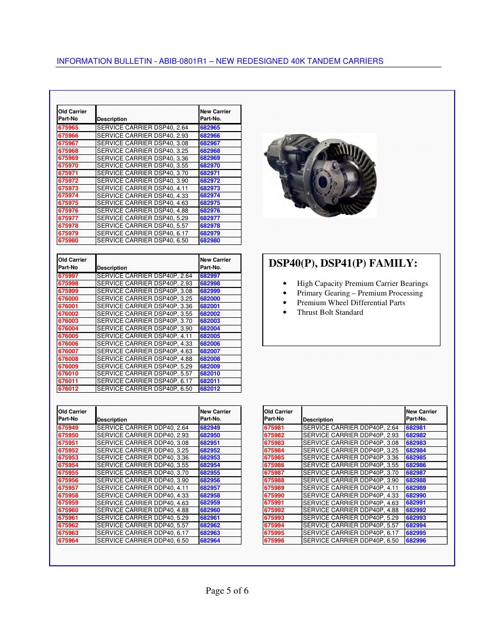 Dsp40(p), dsp41(p) family, Page 5 of 6 | Spicer NEW REDESIGNED 40K TANDEM CARRIERS User Manual | Page 5 / 6