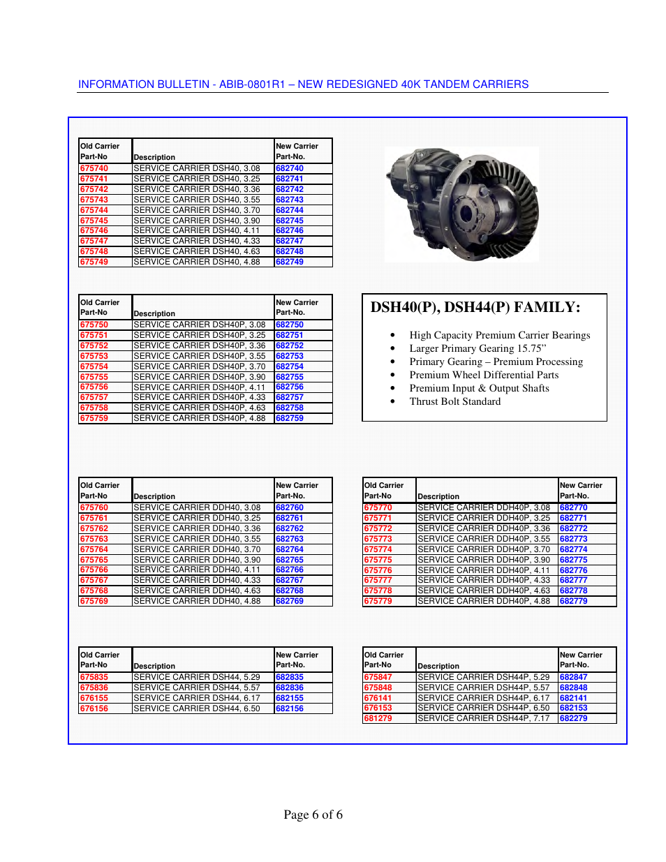 Dsh40(p), dsh44(p) family, Page 6 of 6 | Spicer NEW REDESIGNED 40K TANDEM CARRIERS User Manual | Page 6 / 6
