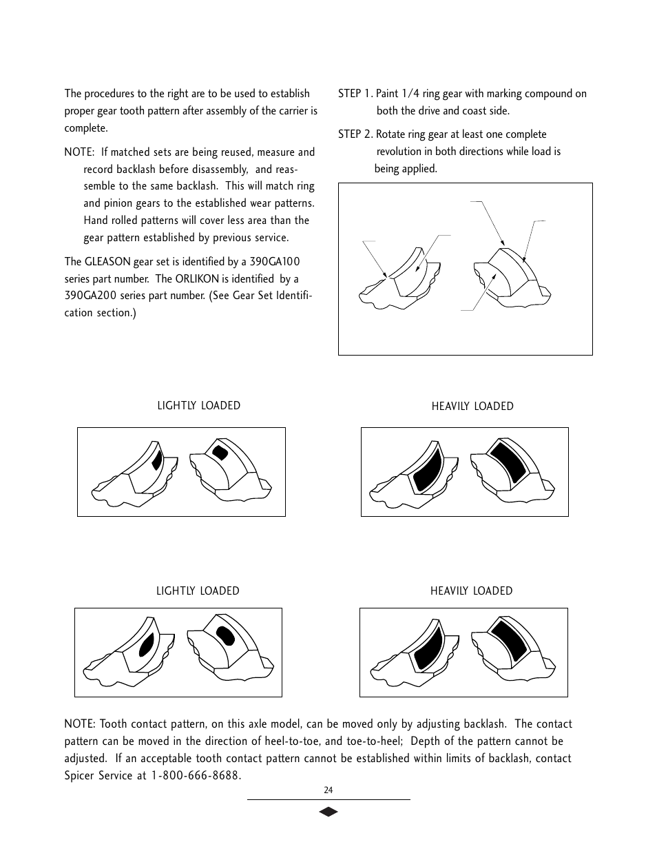Ring gear and pinion tooth pattern, Correct gear patterns for orlikon cut gears | Spicer Tandem Drive Axles Service Manual S400 User Manual | Page 26 / 34