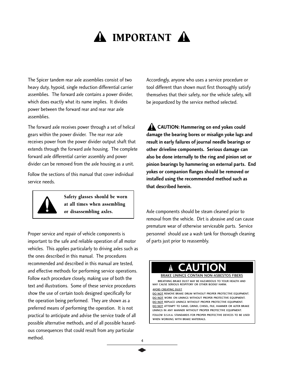 General precautions, Important caution, Important | Spicer Tandem Drive Axles Service Manual S400 User Manual | Page 6 / 34