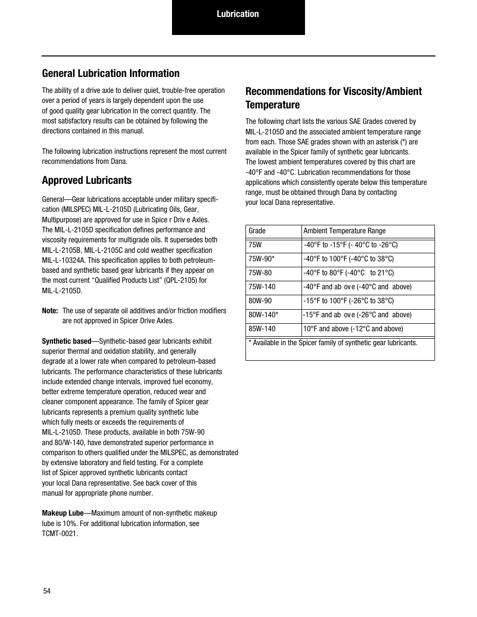 General lubrication information, Approved lubricants, Recommendations for viscosity/ambient temperature | Spicer Single Drive Axles Service Manual: S170, S190, S590 User Manual | Page 58 / 76