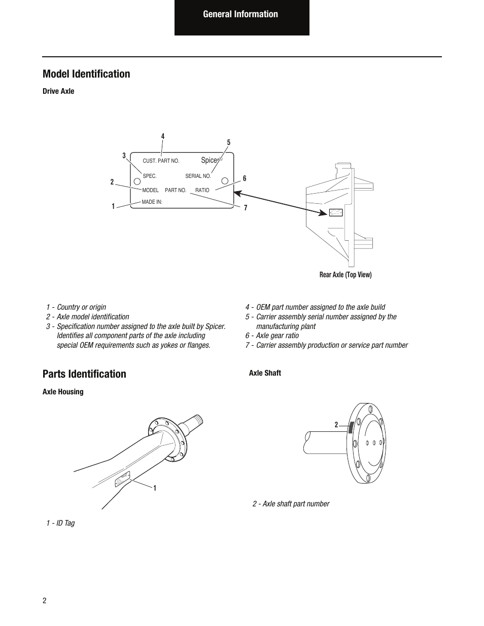 Model identification, Parts identification, General information | Drive axle, 1 - id tag 1, 2 - axle shaft part number 2 | Spicer Single Drive Axles Service Manual: S170, S190, S590 User Manual | Page 6 / 76