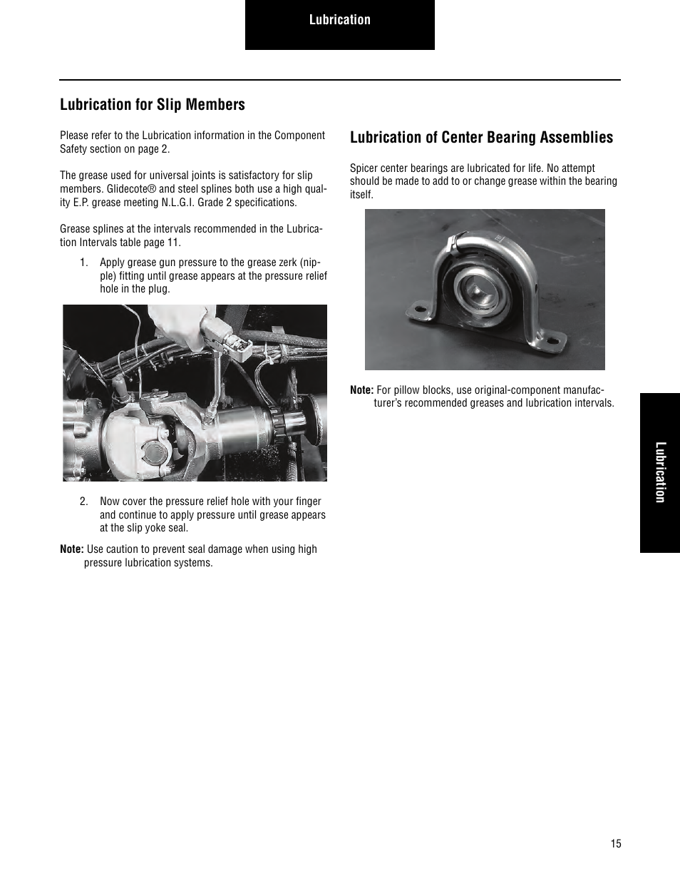 Lubrication for slip members, Lubrication of center bearing assemblies | Spicer 2007 Spicer Driveshafts Service Manual User Manual | Page 17 / 32