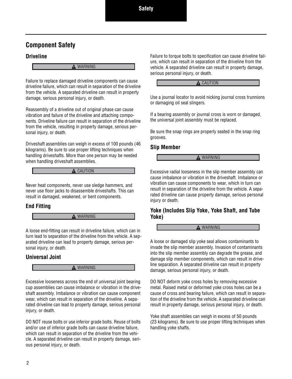 Component safety | Spicer 2007 Spicer Driveshafts Service Manual User Manual | Page 4 / 32