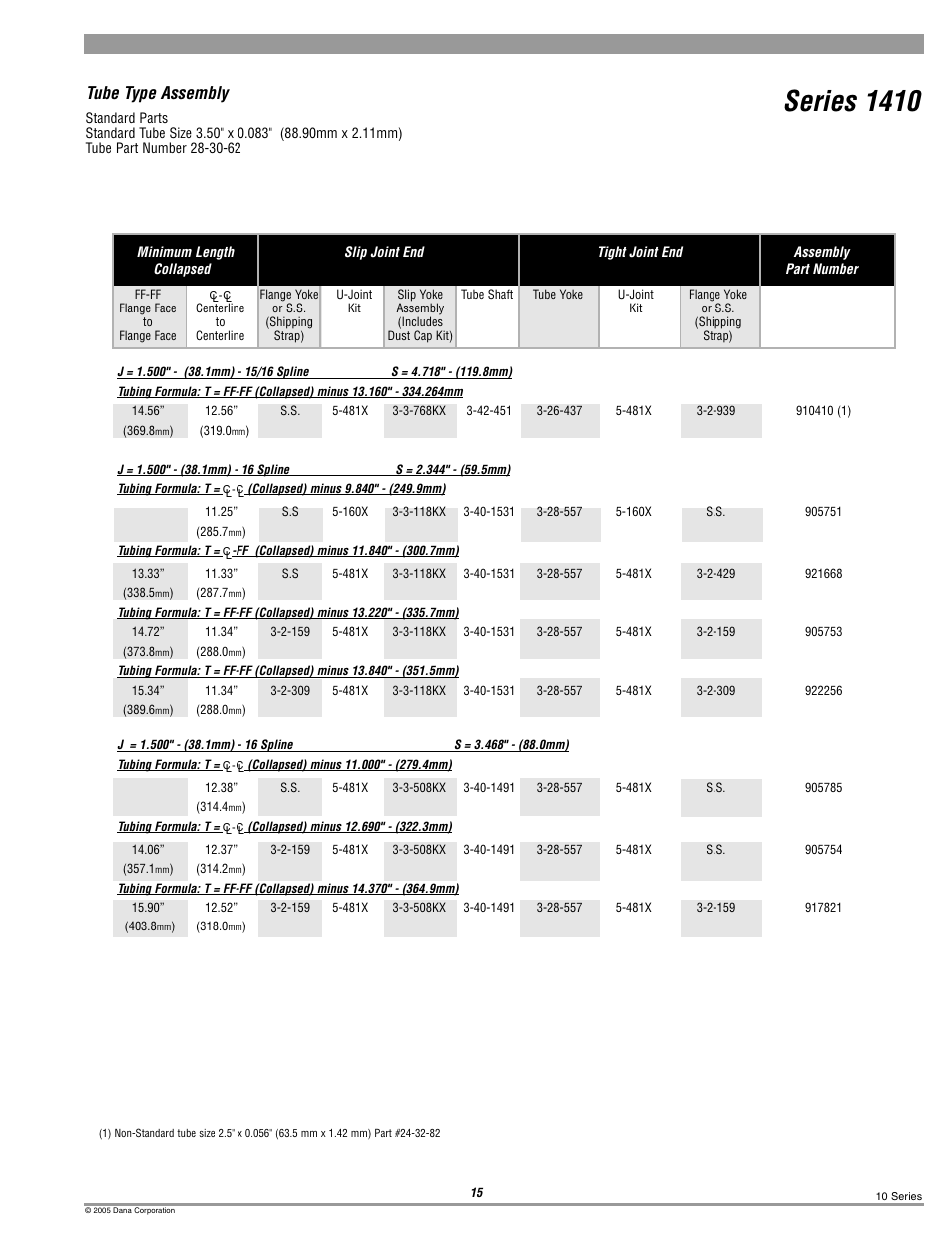 1410 tube type, Series 1410, Tube type assembly | Spicer 10 Series Driveshafts User Manual | Page 15 / 86