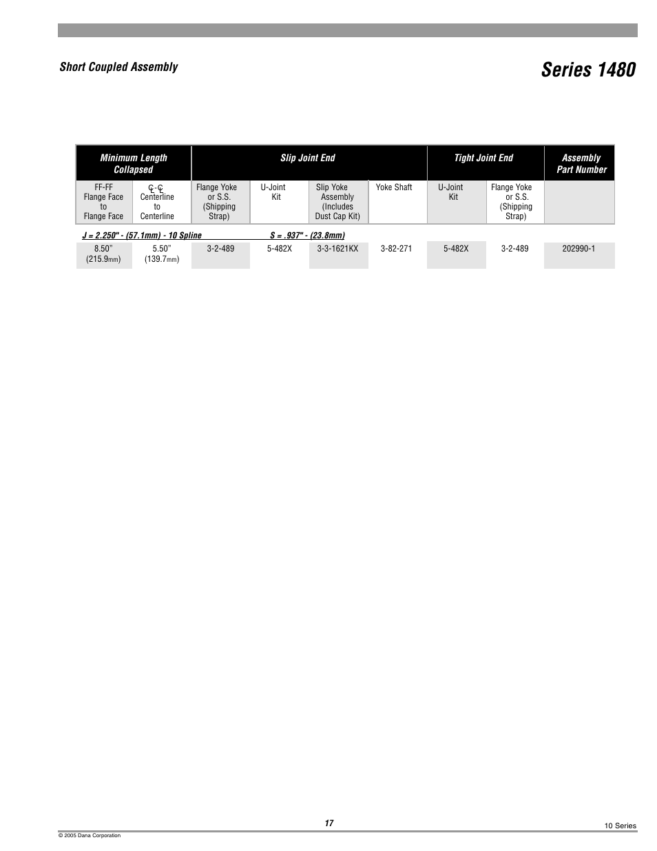 1480 short couple, Series 1480, Short coupled assembly | Spicer 10 Series Driveshafts User Manual | Page 17 / 86
