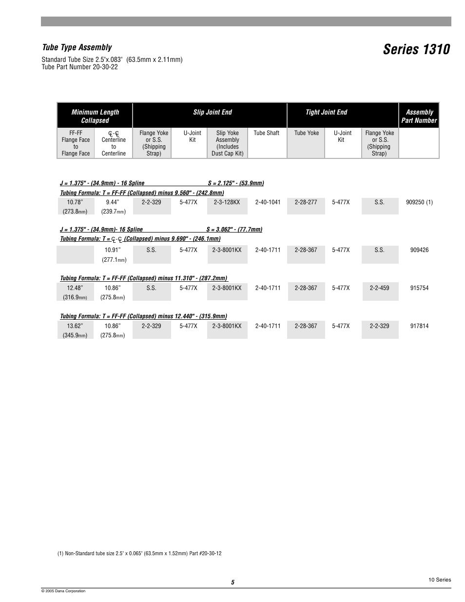 1310 tube type, Series 1310, Tube type assembly | Spicer 10 Series Driveshafts User Manual | Page 5 / 86