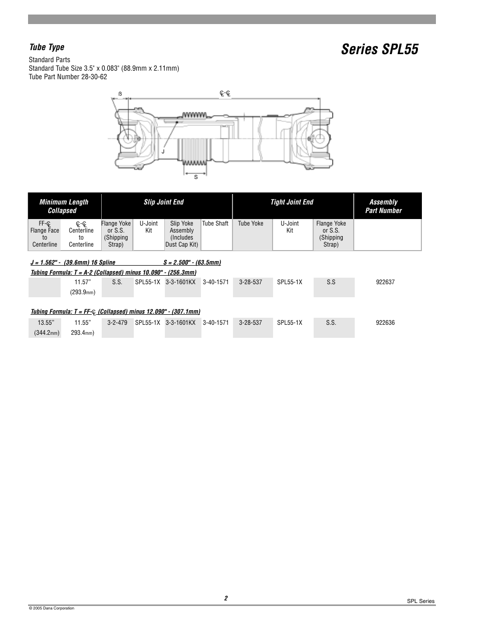 Spl55 tube type, Series spl55, Tube type | Spicer 10 Series Driveshafts User Manual | Page 59 / 86
