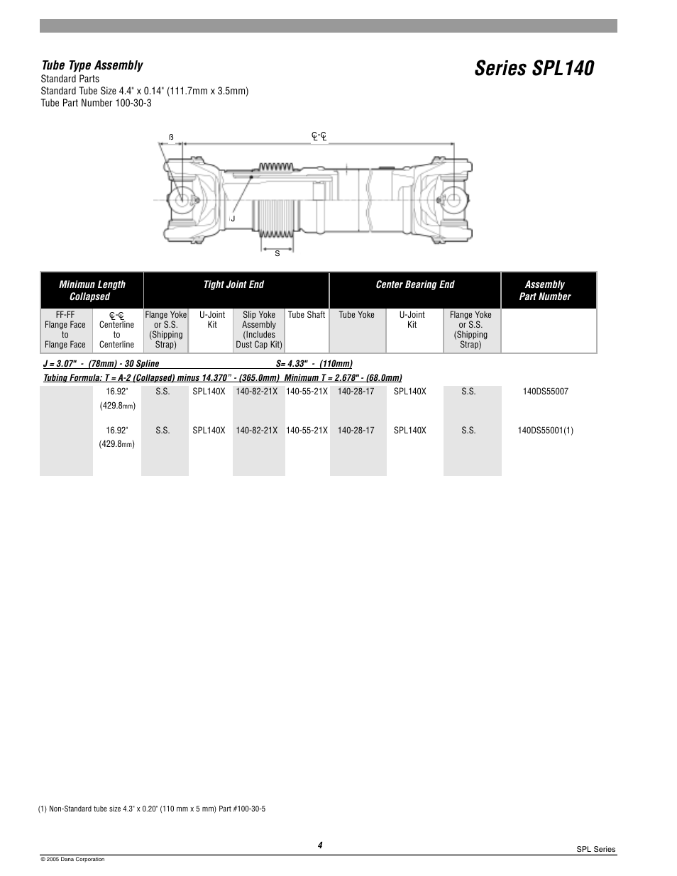 Spl140 tube type, Series spl140, Tube type assembly | Spicer 10 Series Driveshafts User Manual | Page 61 / 86