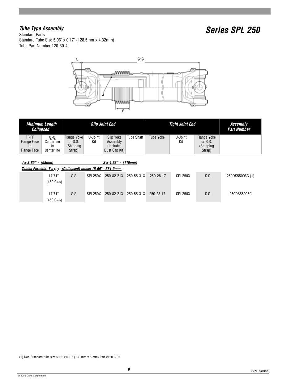Spl250 tube type, Series spl 250, Tube type assembly | Spicer 10 Series Driveshafts User Manual | Page 65 / 86