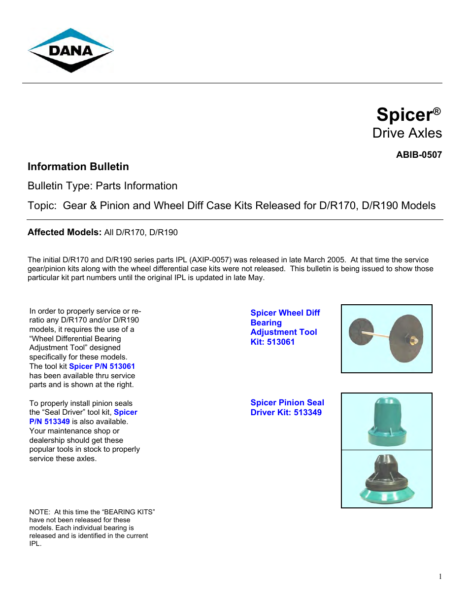 Spicer Gear & Pinion and Wheel Diff Case Kits Released for D_R170, D_R190 Models User Manual | 3 pages