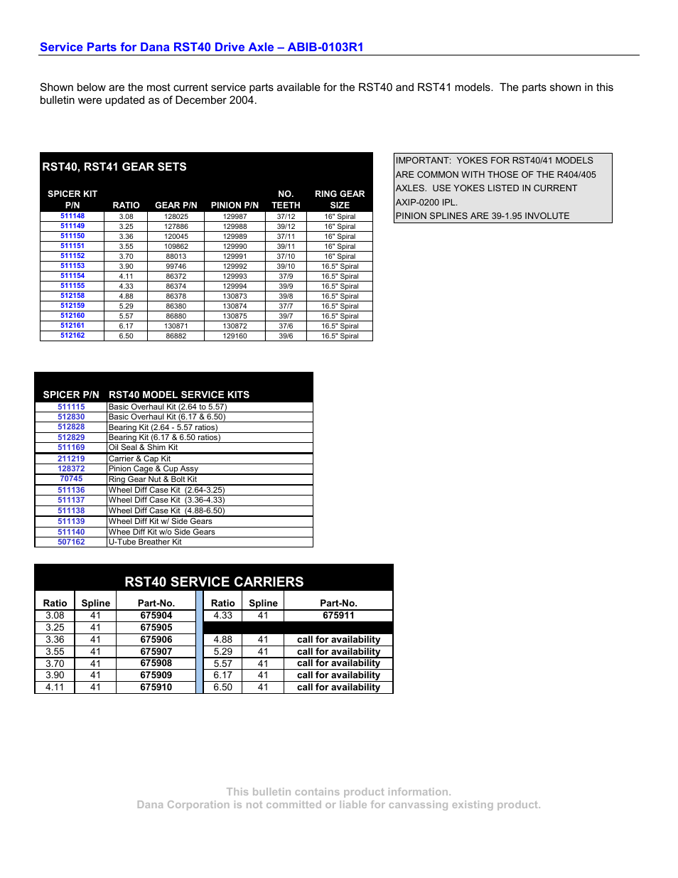 Rst40 service carriers, Rst40, rst41 gear sets | Spicer DST40-(P) User Manual | Page 2 / 3