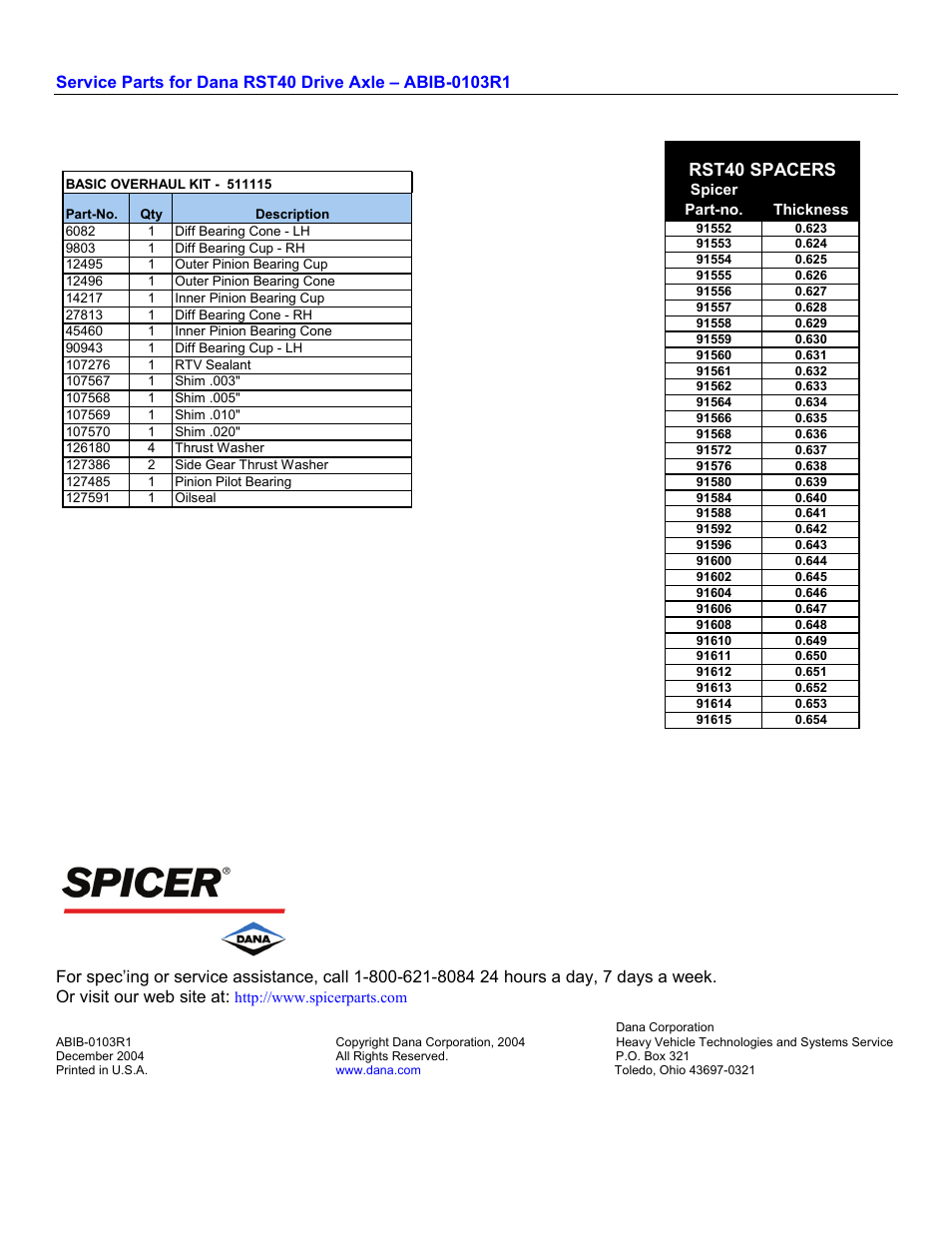 Rst40 spacers | Spicer DST40-(P) User Manual | Page 3 / 3