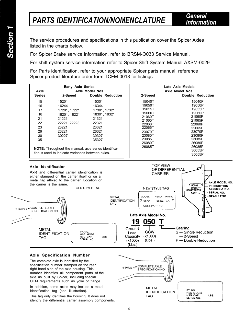 Section 1: general information, Axle specification number, Axle identification | Parts identification/nomenclature, General information | Spicer Drive Axles Service Manual Single Axles 2-Speed & Double Reduction User Manual | Page 4 / 34